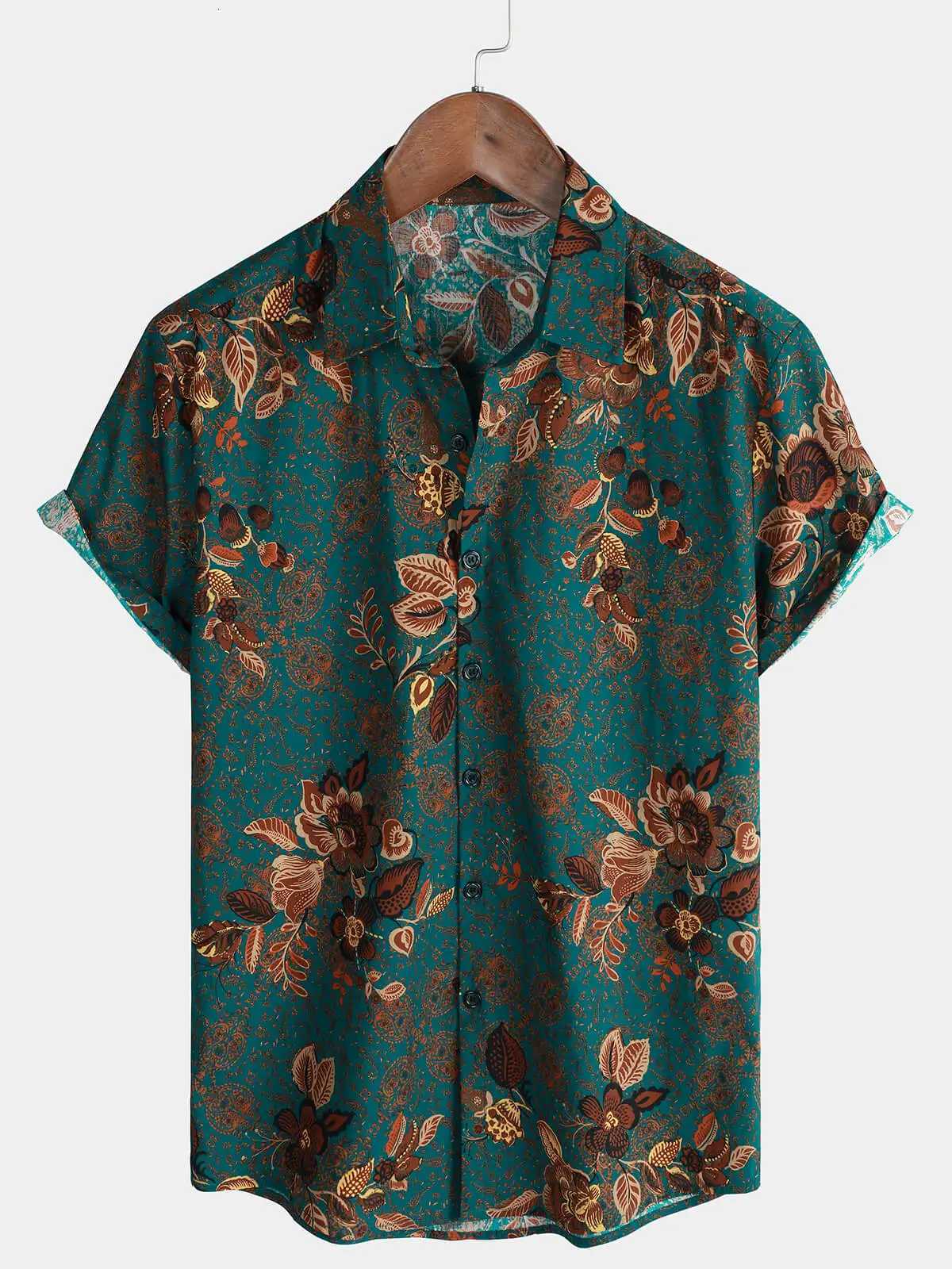 Retro floral print short sleeved shirt for mens casual lapel single breasted shirt 3D printed polyester short sleeved shirt C260326