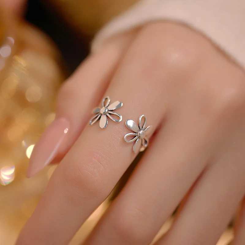 925 Sterling Silver Rings For Women Geometric Fine Jewelry Finger Adjustable Simple Vintage FLower Ring For Party Birthday Gift H260328