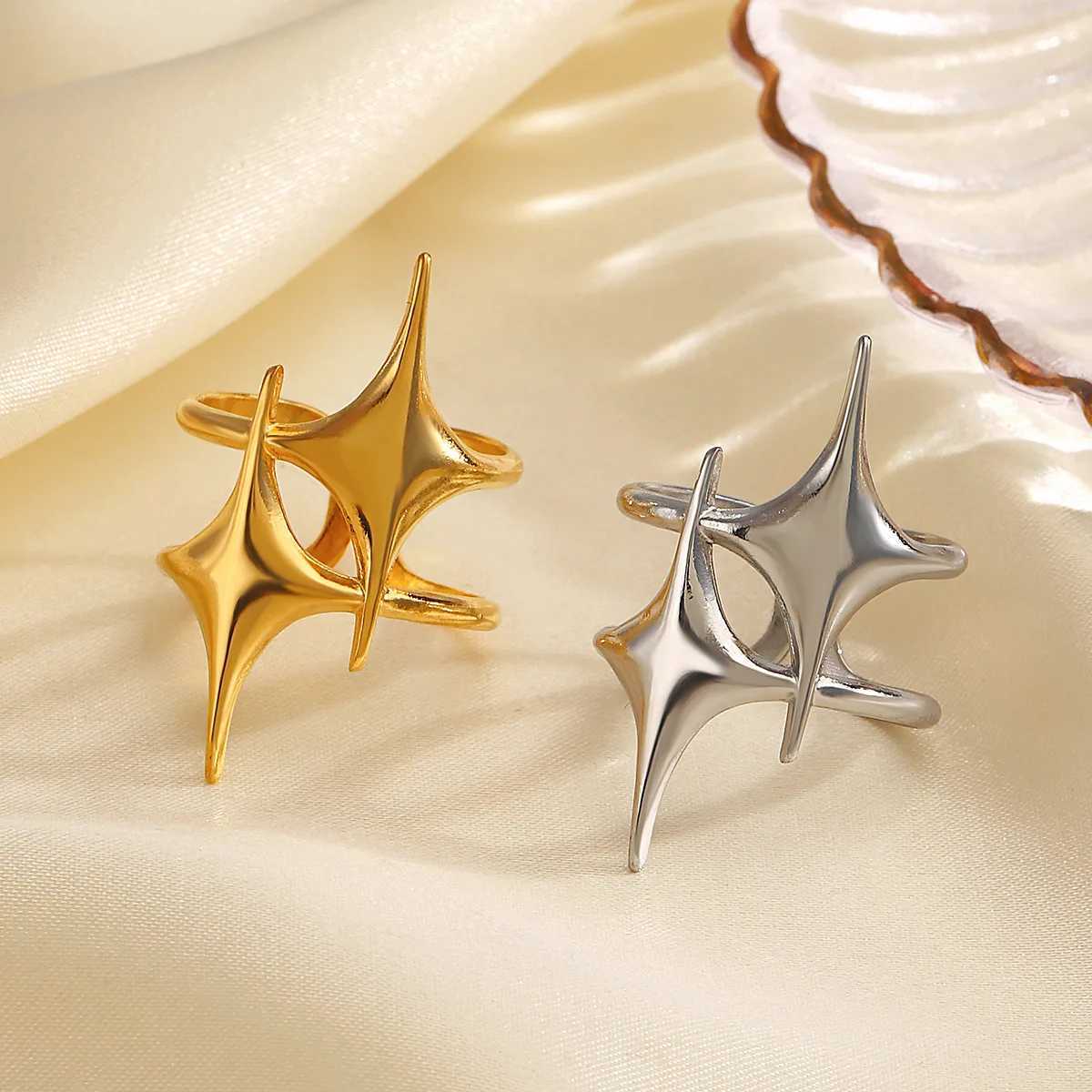 Stainless Steel Ring Punk Vintage Y2K Cross Star Open Rings for Women Fashion Couple Jewelry Gift Simple Senior Sense Adjustable H260328