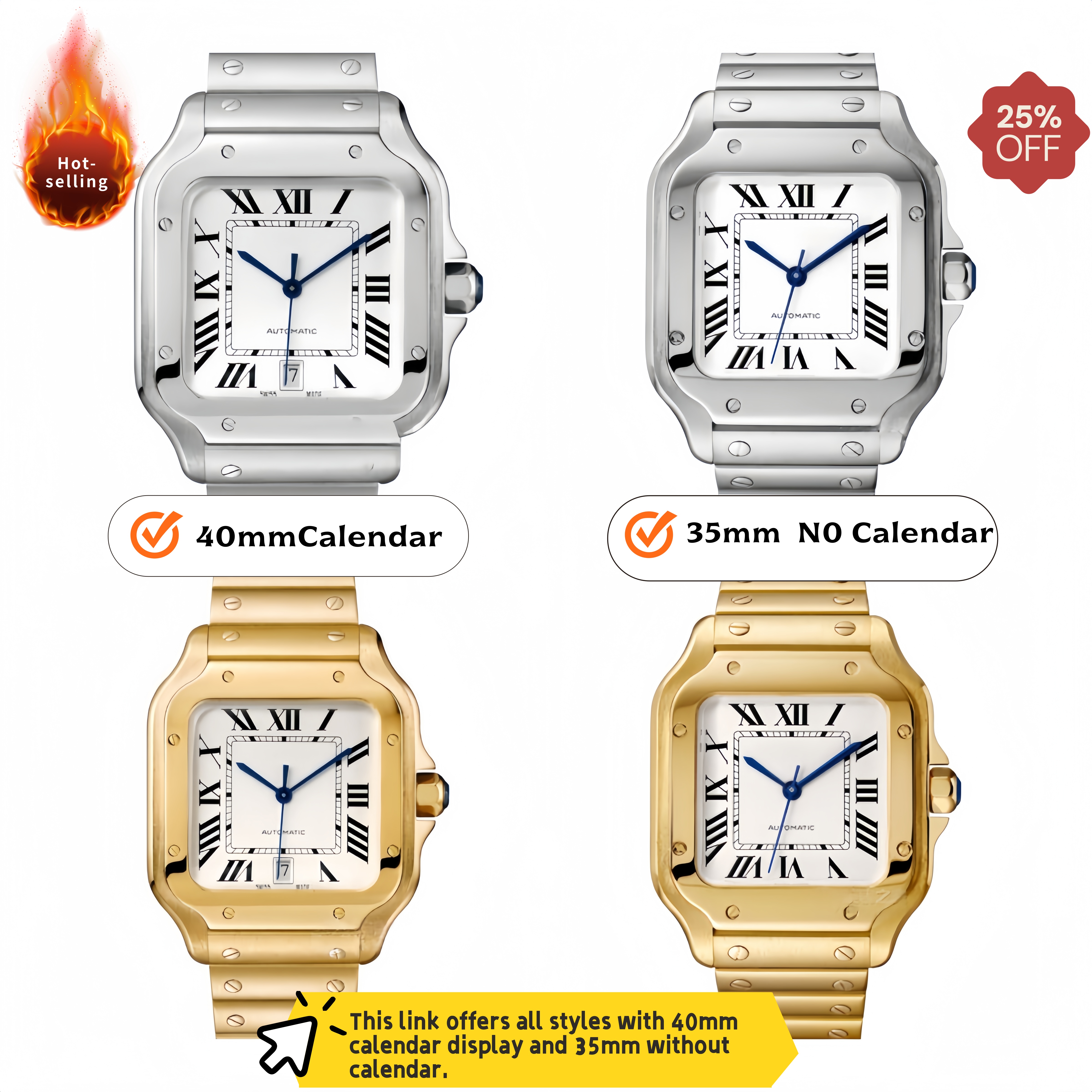 TOP Classic Santoss Men Watch, Auto Mechanical, 40mm Calendar / 35mm No Calendar, Sapphire Crystal Waterproof Luxury Business Casual Watch for Daily & Gift Use