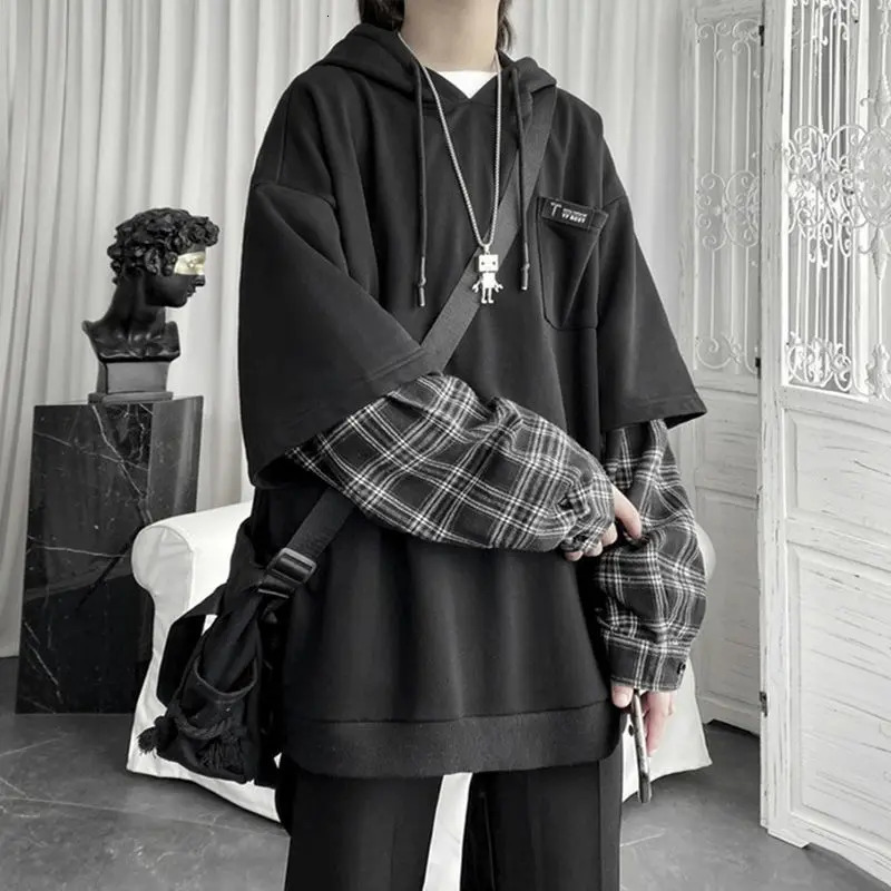 Womens Clothing Two Hoodies Patchwork Plaid Hooded Oversized Tops Korean Y2K Clothes for Teens Harajuku Casual Sweatshirt 260327