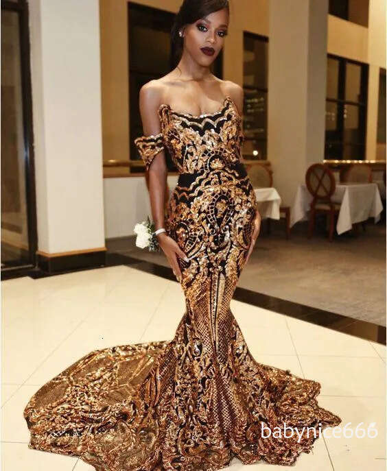 New Luxury Gold black Mermaid off shoulder Sexy African Prom Gowns Vestidos Special Occasion Dresses Evening Wear