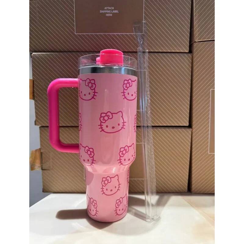 Designer Kawaii Hello Kitty 40Oz Stainless Steel Vacuum Cup Anime With Handle Straw Cup Coffee Cup With Packaging Box Quick Delivery Luxury Goods