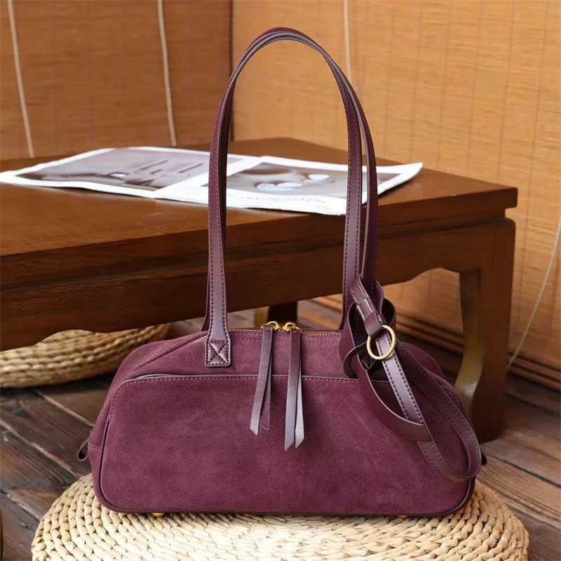 Burminsa Cowhide Suede Genuine Leather Underarm Shoulder Bags For Women 2026 Luxury Designer Bowling Totes Work Ladies Handbags C260327