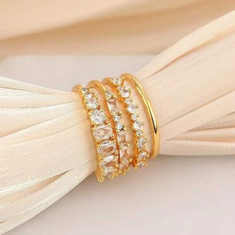 2025 New Gold Plated four piece set Rings For Women Geometric Trendy Cubic Zirconia Jewelry Party Ring Wholesale Size 5-11 H260328