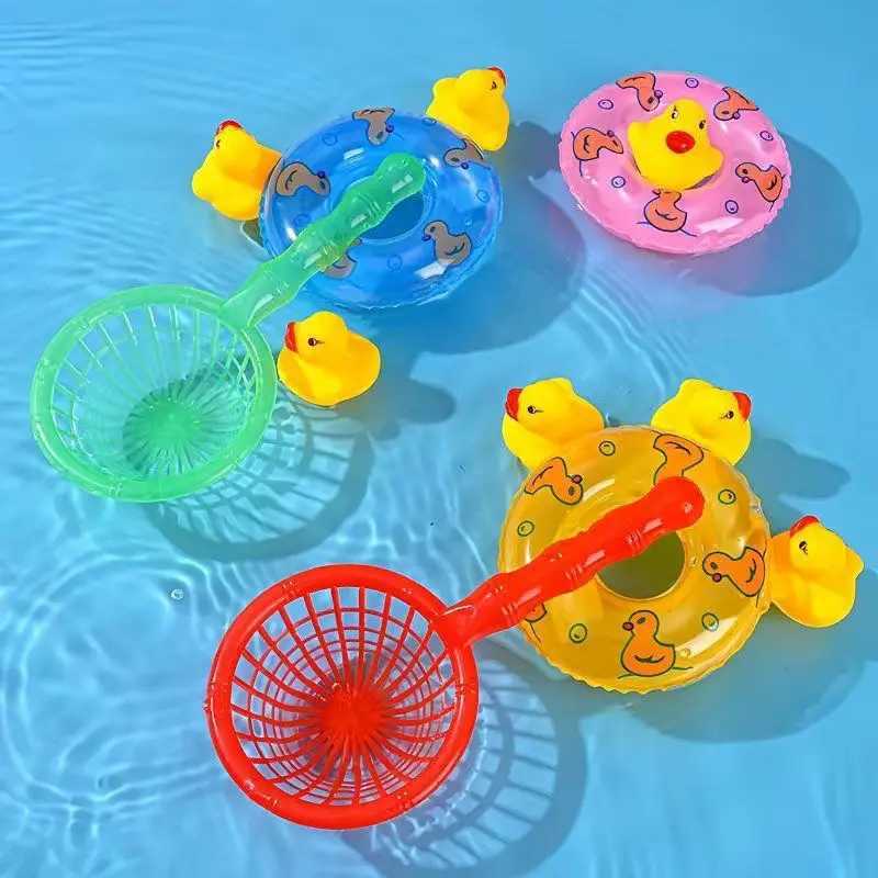 Kids Floating Bath Toys Mini Swimming Rings Rubber Yellow Ducks Fishing Net Washing Swimming Toddler Toys Water Fun Z260328