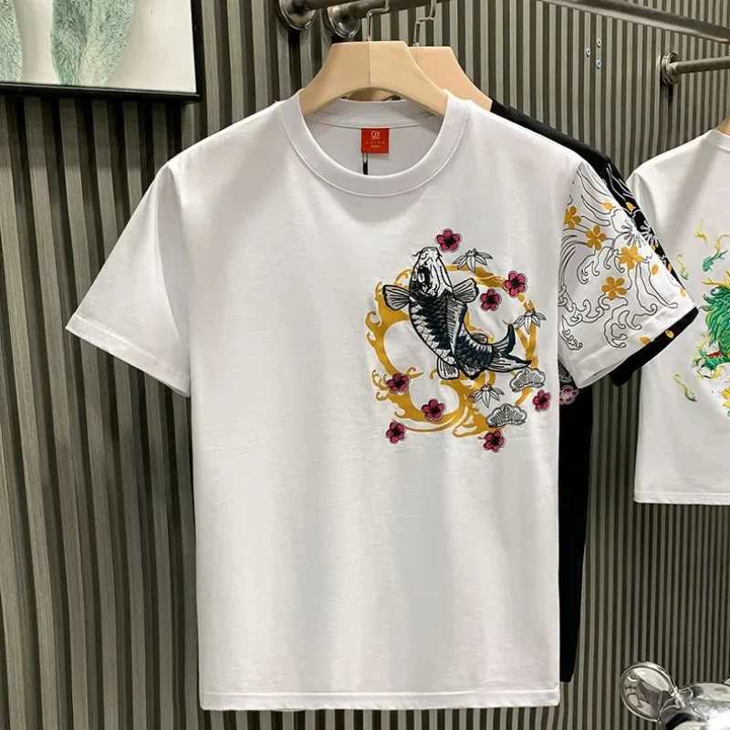 Chinese Style Trend Fashion Thin Summer T-Shirts Men O-Neck Carp Embroidered Short Sleeve Loose Pullovers Bottoming Shirt Tops C260326