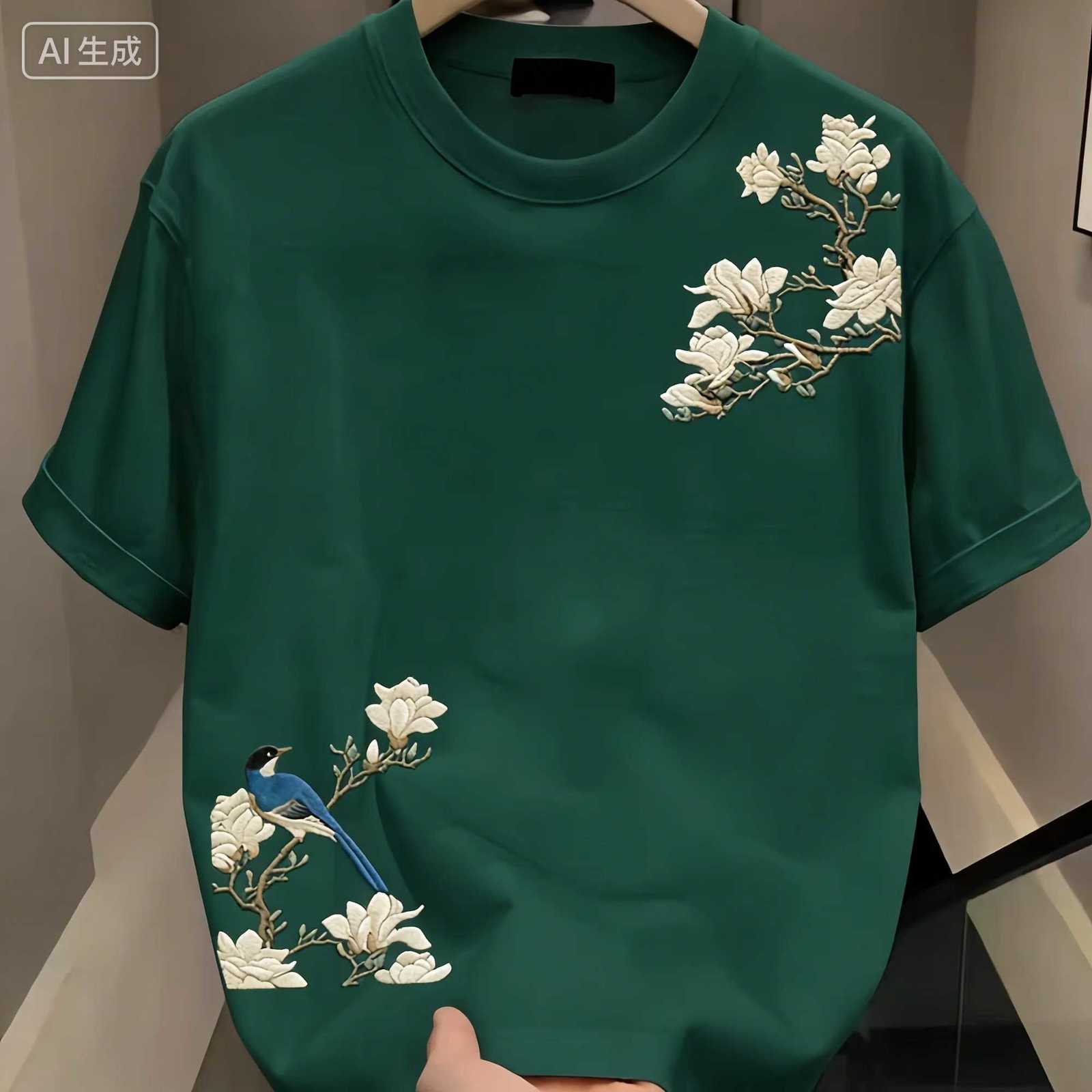 Summer Casual Mens 100 Cotton Versatile Round-neck Short-sleeved T-shirt with Floral Pattern Print Outdoor Soft and Breathable C260326