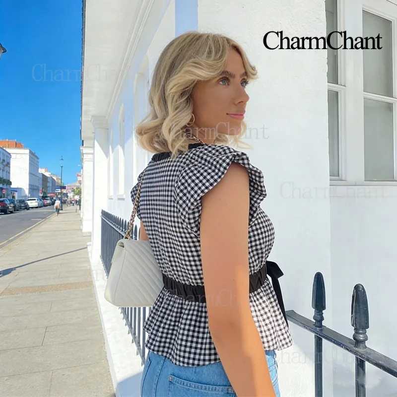 Charmchant Womens Black White Gingham Top Deep V Neck Ruffle Cap Sleeves Bow Tie Peplum Hem Cute Summer Blouse Resort Wear 2026 D260328