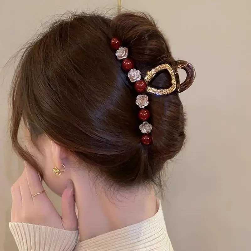 1pc Rose red pearl clip womens autumn and winter new fashion style back of the head plate hair clip hair accessory H260328