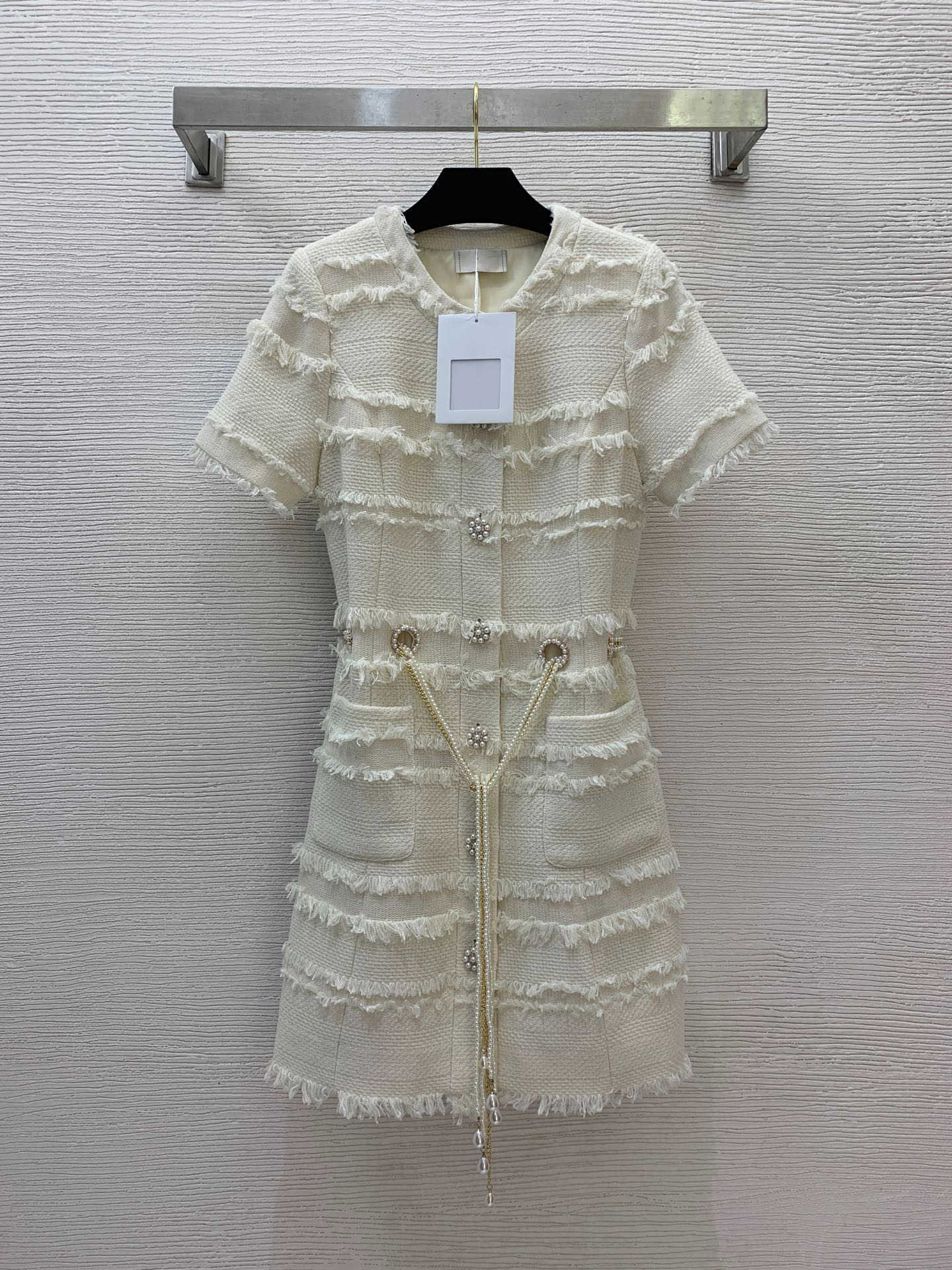 Luxury Casual Dresses For Women Tweed Fabric Long Sleeve Pocket Dresses With Belt Round Neck High Quality Summer Fashion Designer Womens Clothing