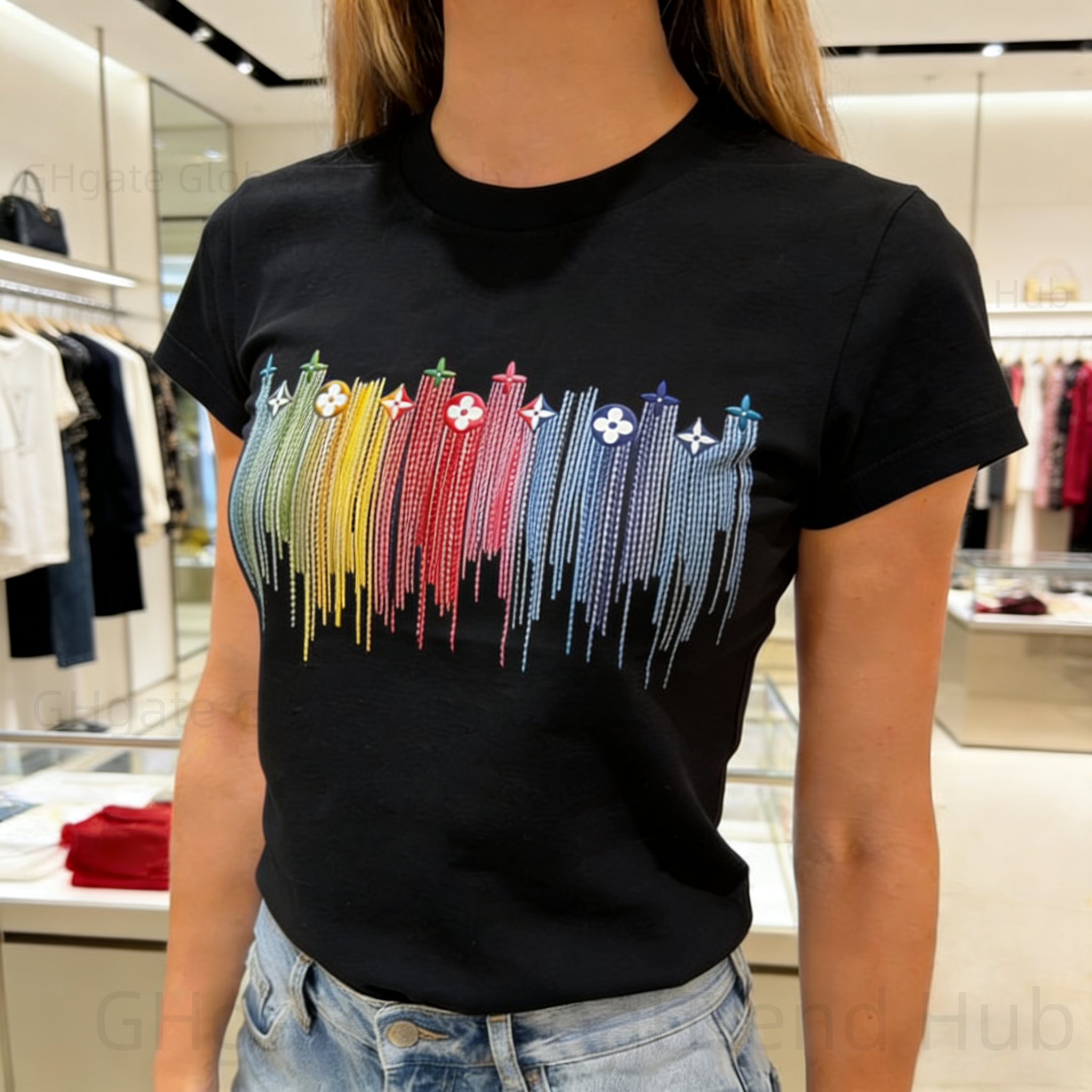 women designer clothes Women's t shirt Women Rainbow Fringe Monogram Print T-Shirt Casual Daily Streetwear Short Sleeve Soft Tee Tops