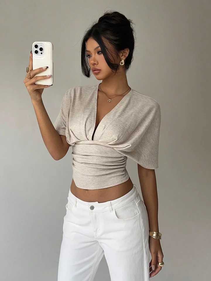 Womens Summer Apricot Deep V-Fold Short Sleeve Tight fitting Womens T-shirt D260328