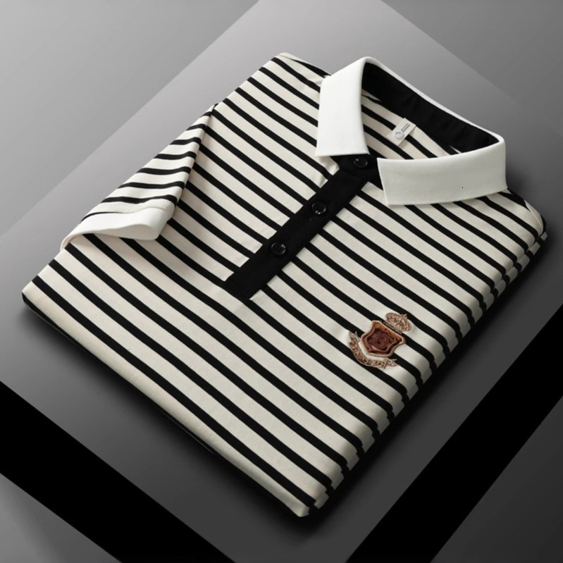 Luxury Brand Designer Clothes Off-Site Summer Men's Striped Short Sleeve T-Shirt Pure Cotton Breathable Loose Casual Turn-Down Collar Versatile P