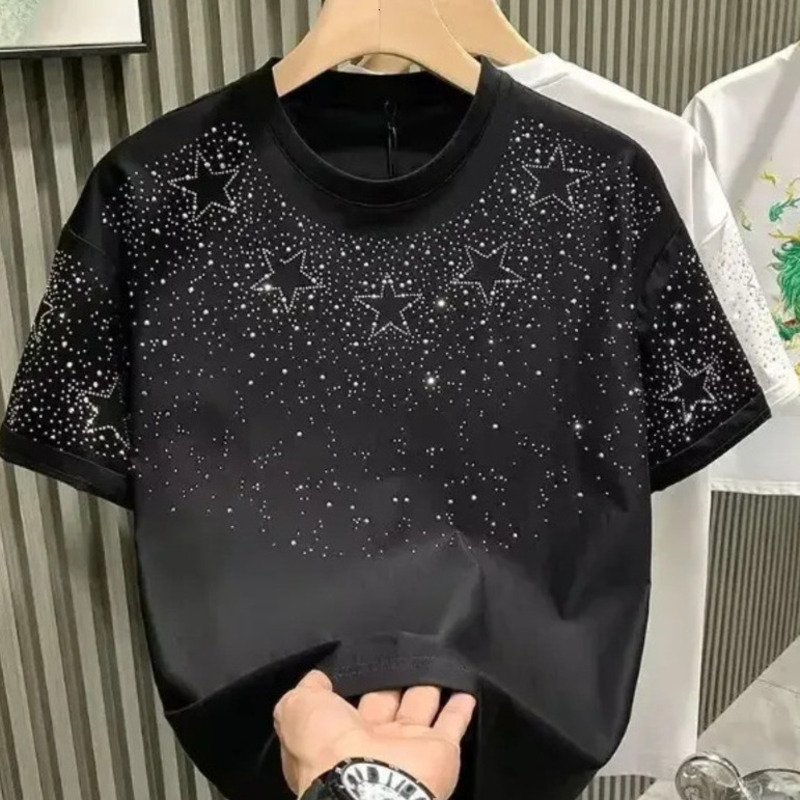 Black Tee Men's T-shirt Starry Sky Rhinestone Short-sleeve Options Sparkling Star Rhinestone Embellishments All Over Daily Commute Men Clothing