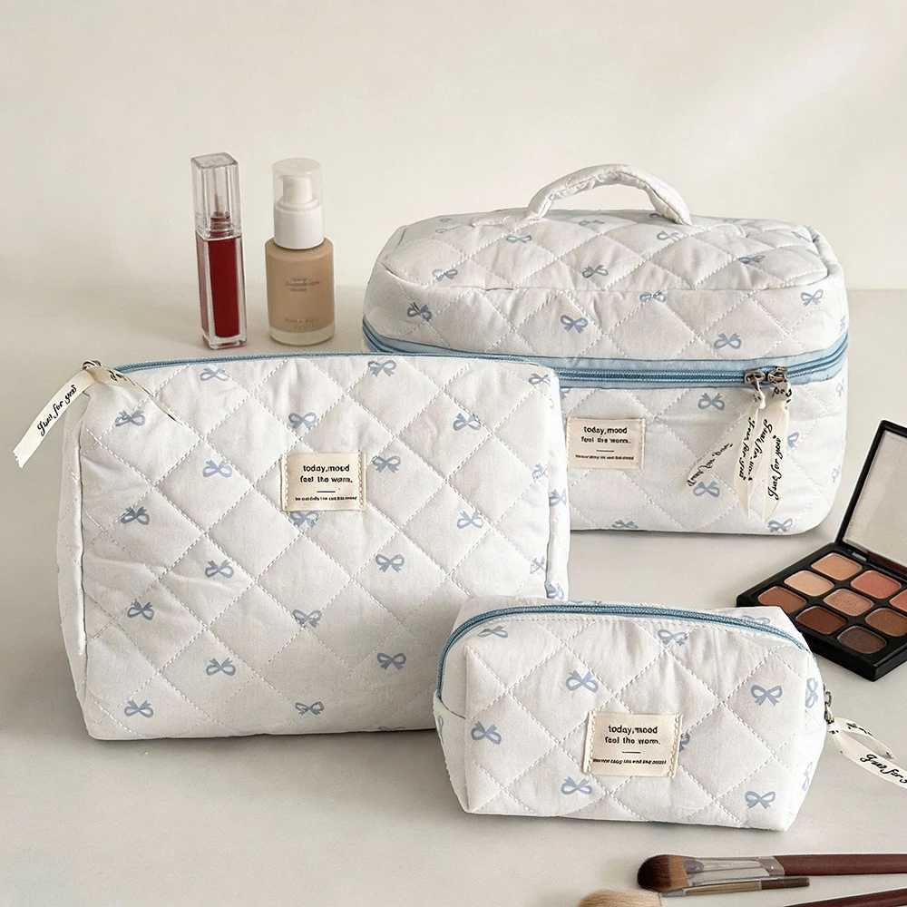 Airfriend Cosmetic Bag With Bows Large Soft Cosmetic Toiletries Pouch Cotton Cosmetic Bag Quilted Woman Makeup Bag Travel Pouch D260328