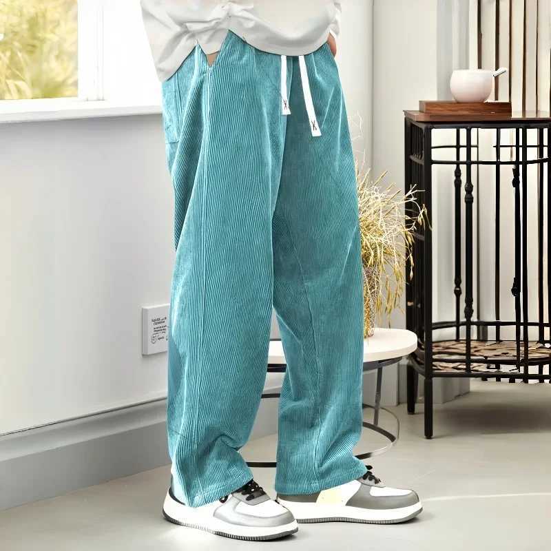 2026New Mens Corduroy Casual Pants Fashion Loose Fit Baggy Pants Straight Sweatpants Elastic Waist Drawstring Outdoor Streetwear M260328