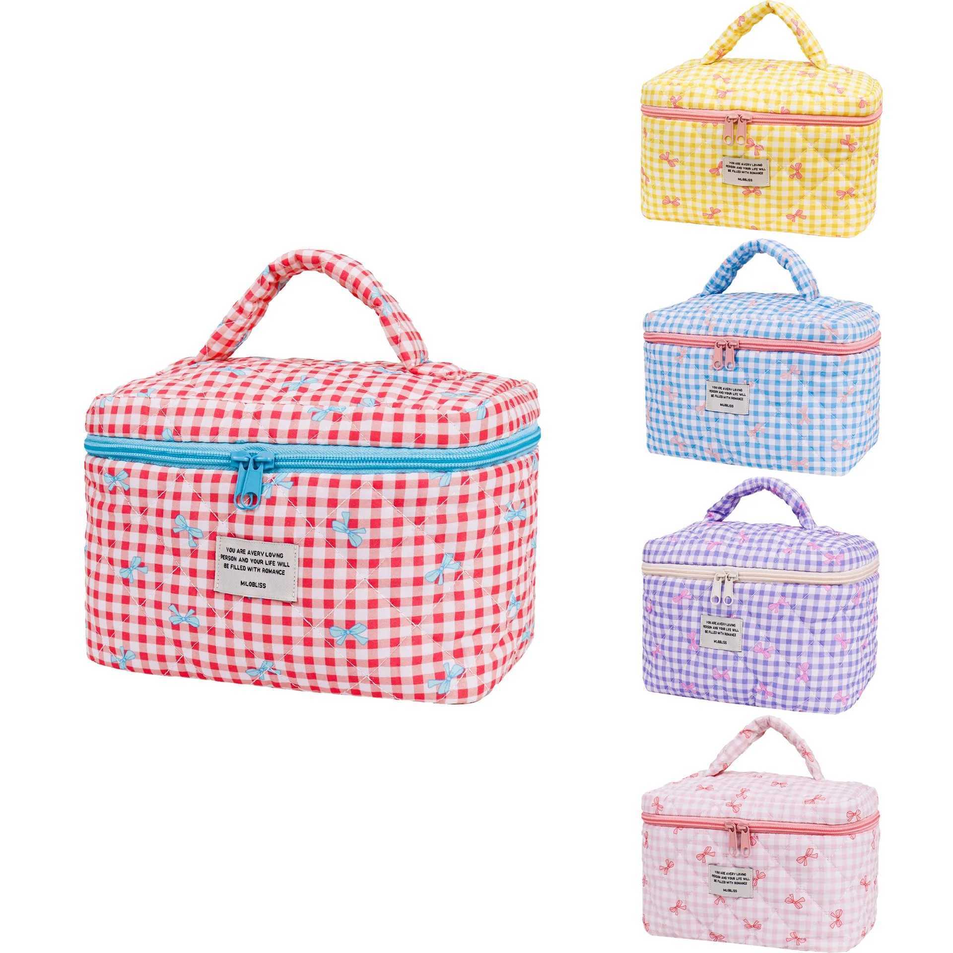 Korean quilted plaid bow cute cosmetic bag ins portable bucket bag girls underwear skin care product storage bag D260328