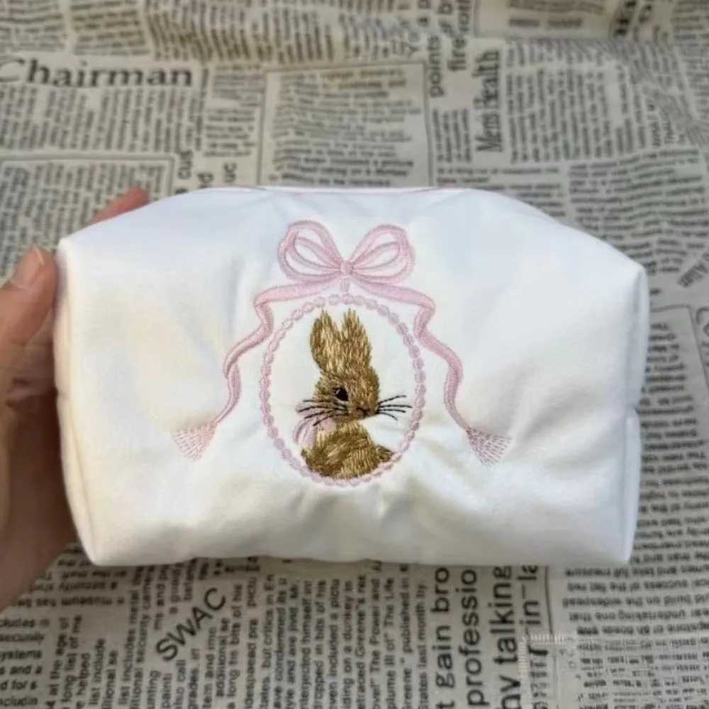 Kawaii Rabbit Cosmetic Bag Lace Bow Large Capacity Makeup Organizer White Pink Zipper Closure Travel Toiletry Bag Women Girls D260328