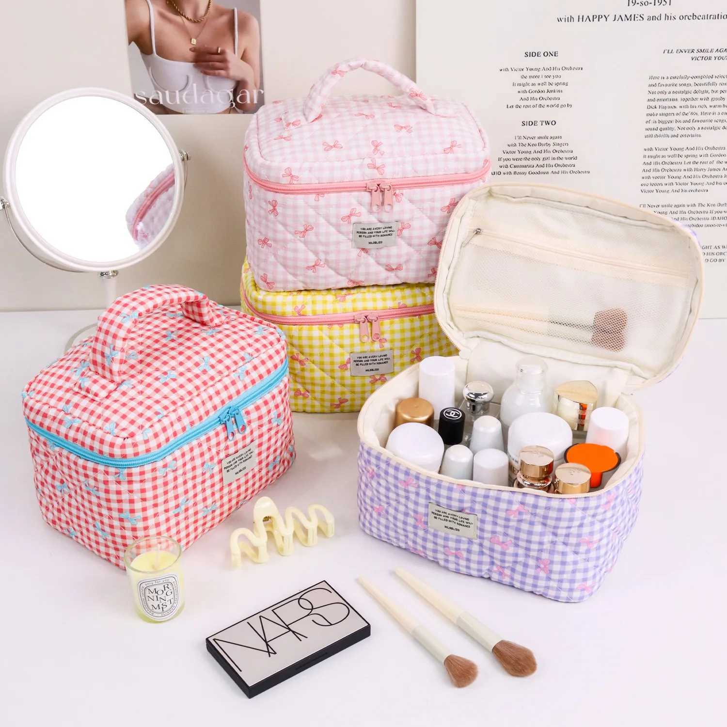 Korean quilted plaid bow cute cosmetic bag ins portable bucket bag girls underwear skin care product storage bag D260328