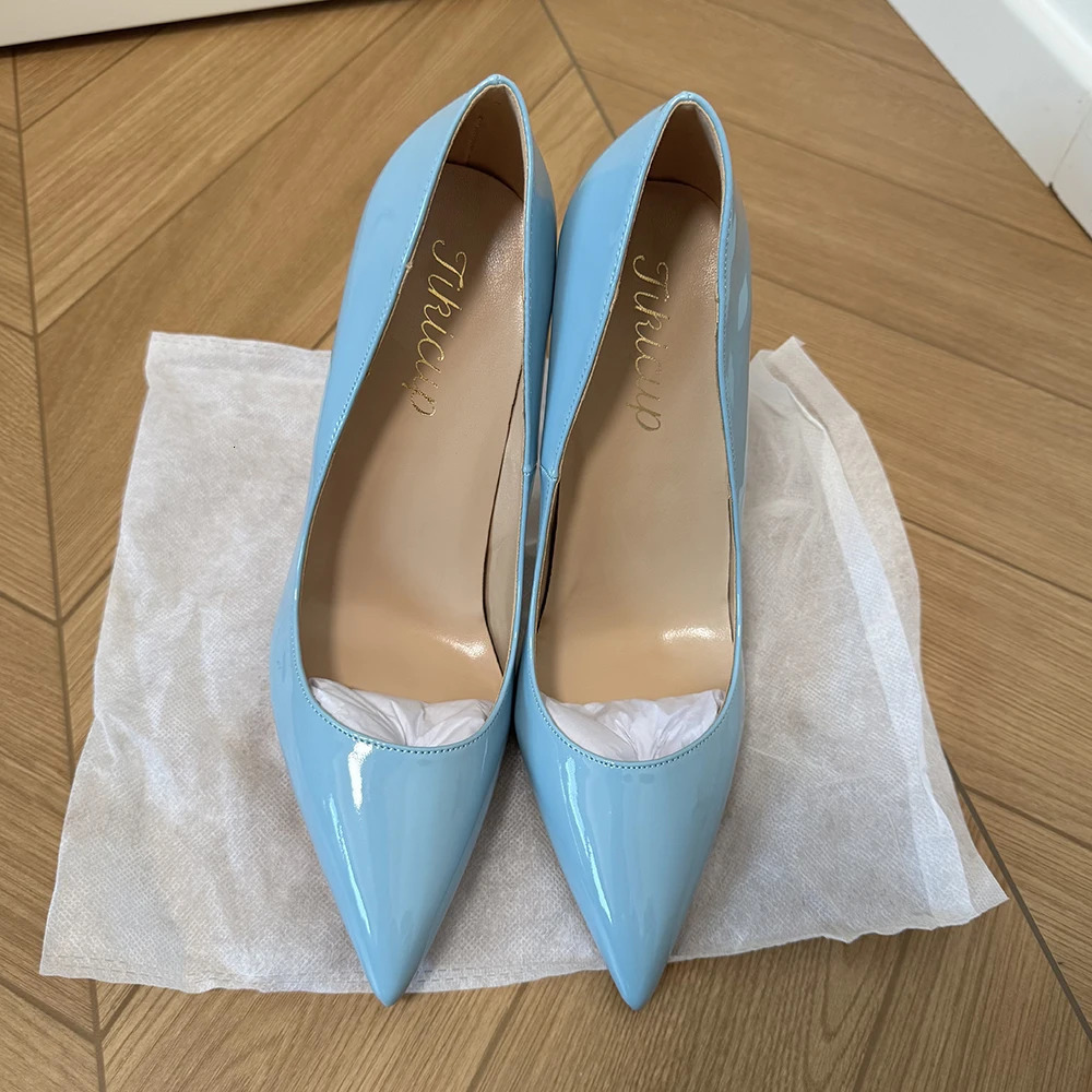 Fashion Elegant Light Blue Patent Leather Stiletto Heels Sexy Pointed Toe 12cm High Heels Evening Dress Shoes for PromNightclub 260324