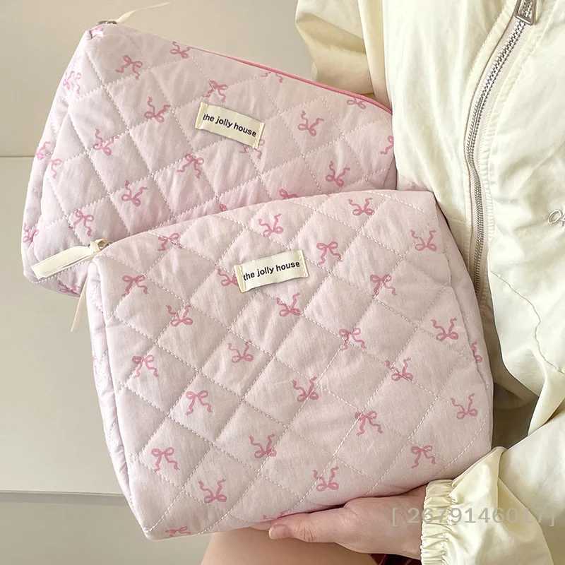 YY26 Pink Bowknot Quilting Cosmetic Bag Women Portable Zipper Makeup Organizer Female Handbag Toiletry Pouch For GirlsYY26 D260328