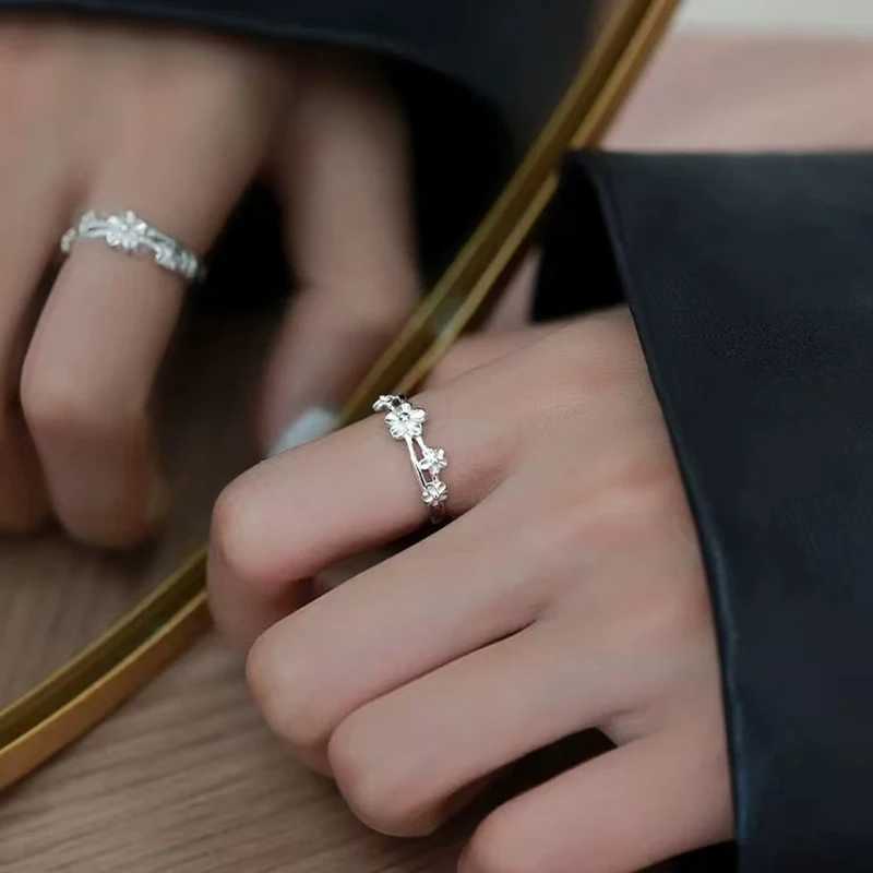 Real 925 Sterling Silver Double Layered Flowers Adjustable Ring For Women Cute Fine Jewelry Niche Design Plant Accessories H260328