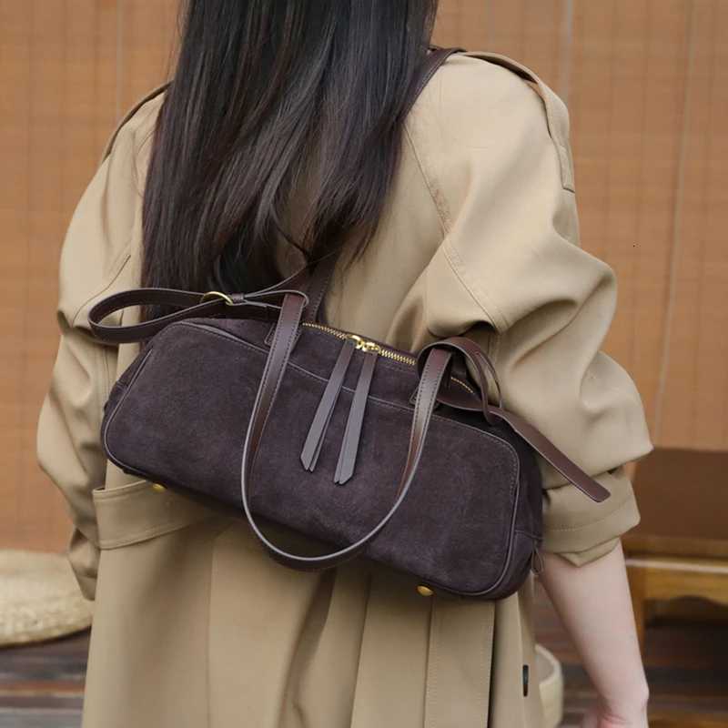 Burminsa Cowhide Suede Genuine Leather Underarm Shoulder Bags For Women 2026 Luxury Designer Bowling Totes Work Ladies Handbags C260327