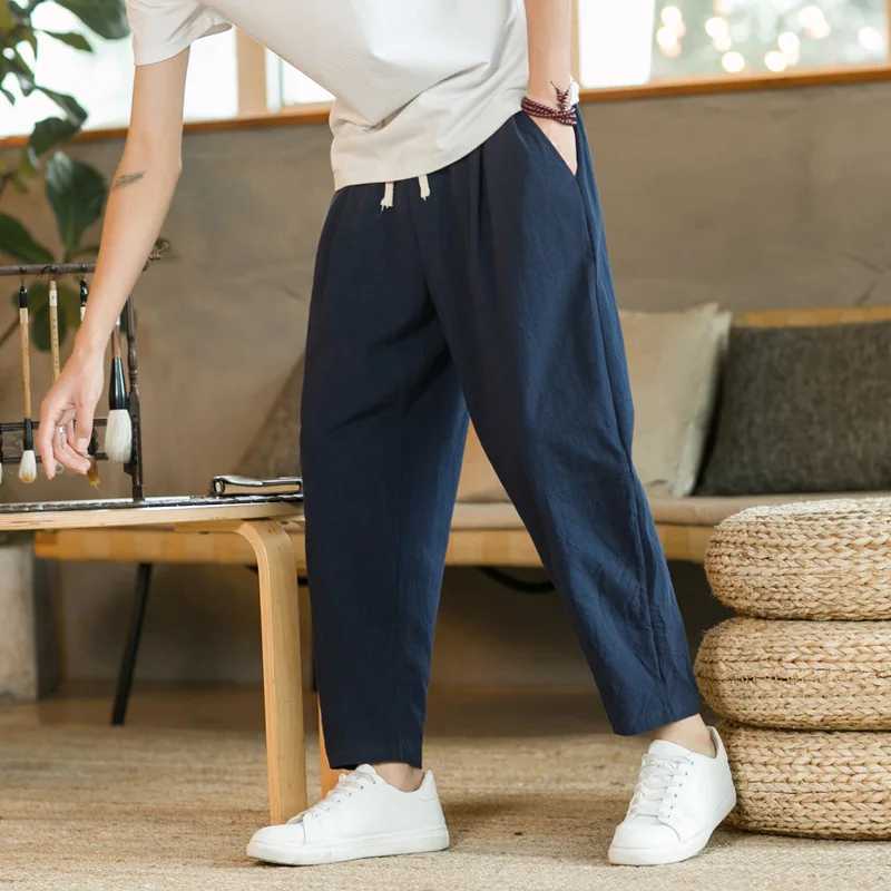Mens Trousers Cotton Linen Fashion Casual Pants Solid Color Breathable Loose Shorts Straight Drawstring Pants Streetwear Men a03 M260328