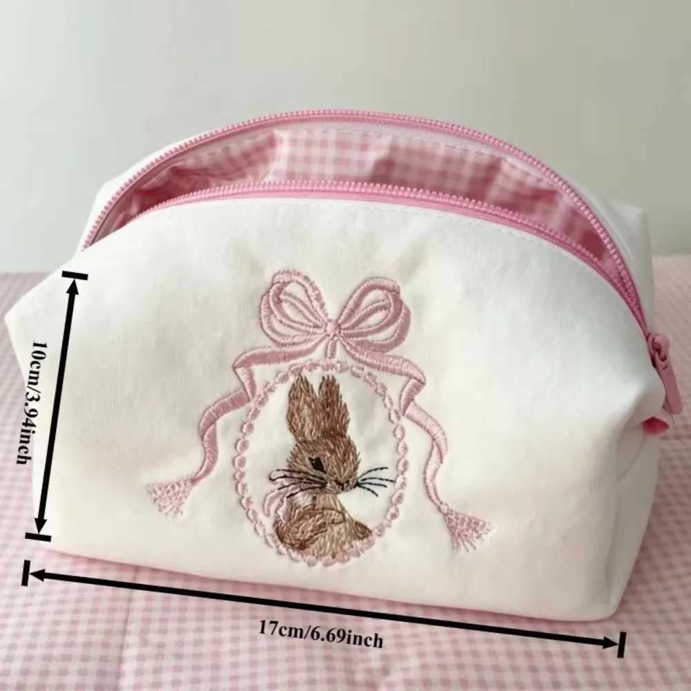 Kawaii Rabbit Cosmetic Bag Lace Bow Large Capacity Makeup Organizer White Pink Zipper Closure Travel Toiletry Bag Women Girls D260328