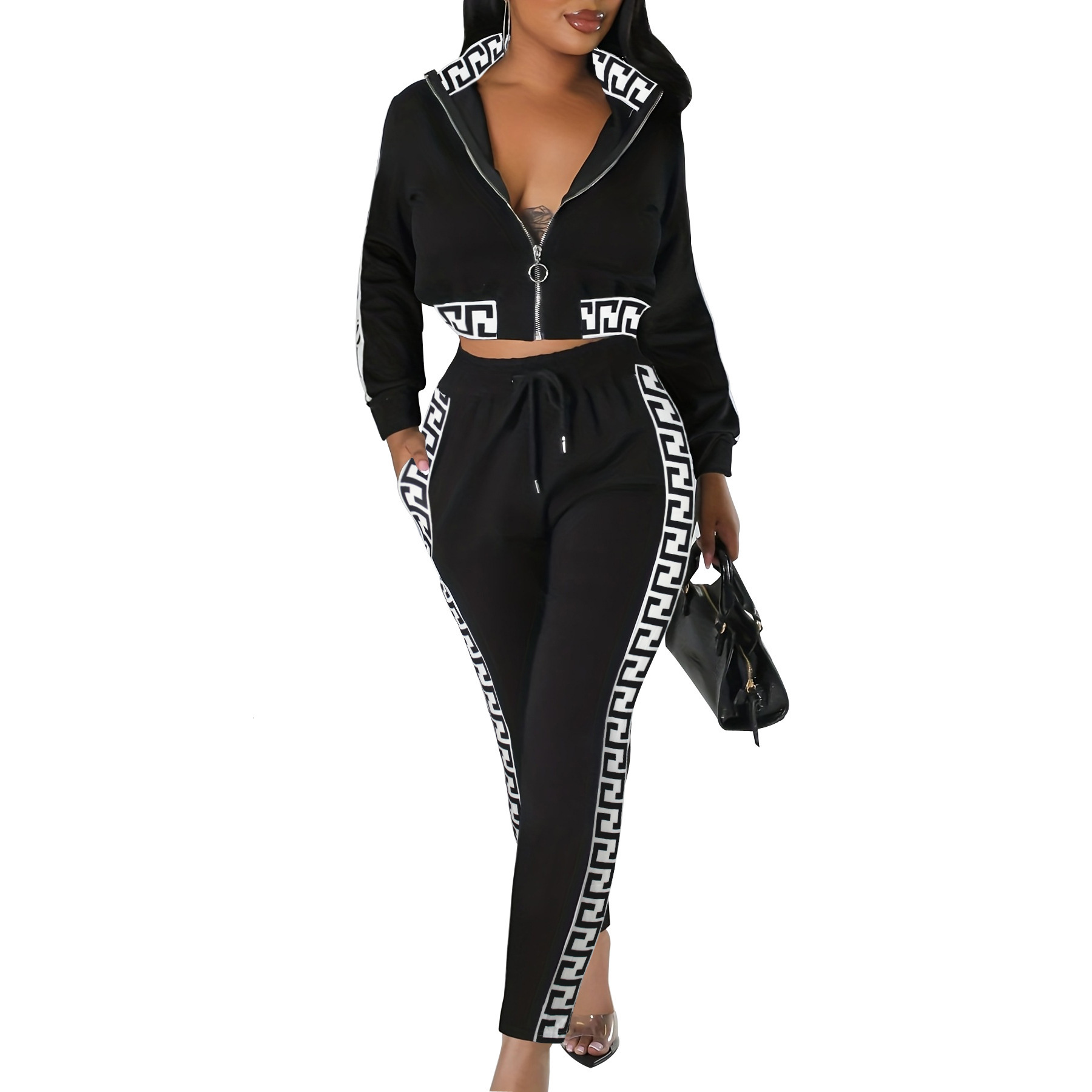 Luxury Brand Designer Clothes Women's Spring And Autumn Fashion High-End Casual Set: Cropped Zipper Top With Floral Pattern And Patchwork Long Pa - view 6