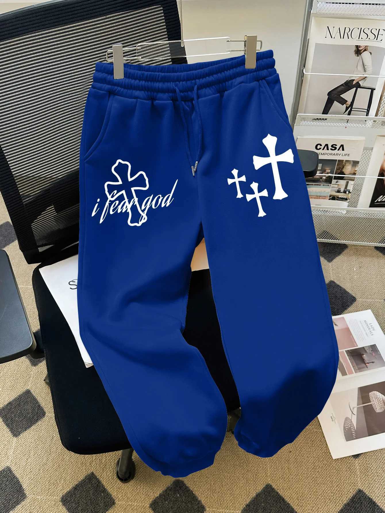 Mens Trousers with Faith Cross and I Need God Print Drawstring Track Pants Daily Wear Sweatpants with Religious Symbols Pattern M260328