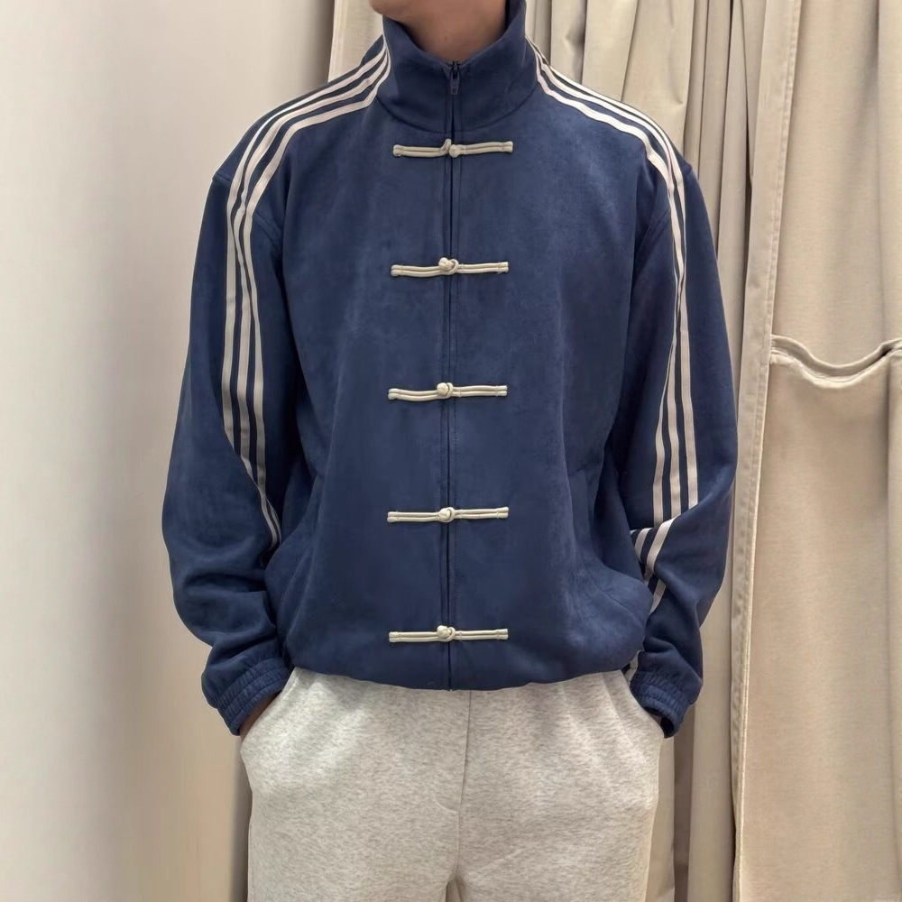 fashion design jacket 2026 Men's Corduroy Traditional Chinese Knot Jacket Stand Collar Striped Sleeve Zip-Up Coat