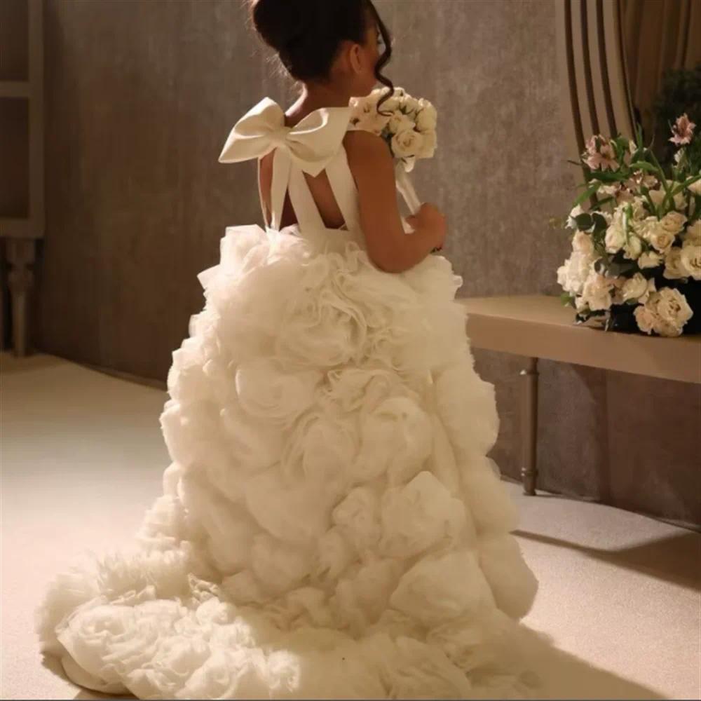 Luxury Tier Ruffles Long Flower Girl Dresses With Bow Back Ball Gown Girls Formal Evening Pageant Gowns Princess Birthday Wedding Party Robes M27 ZD10