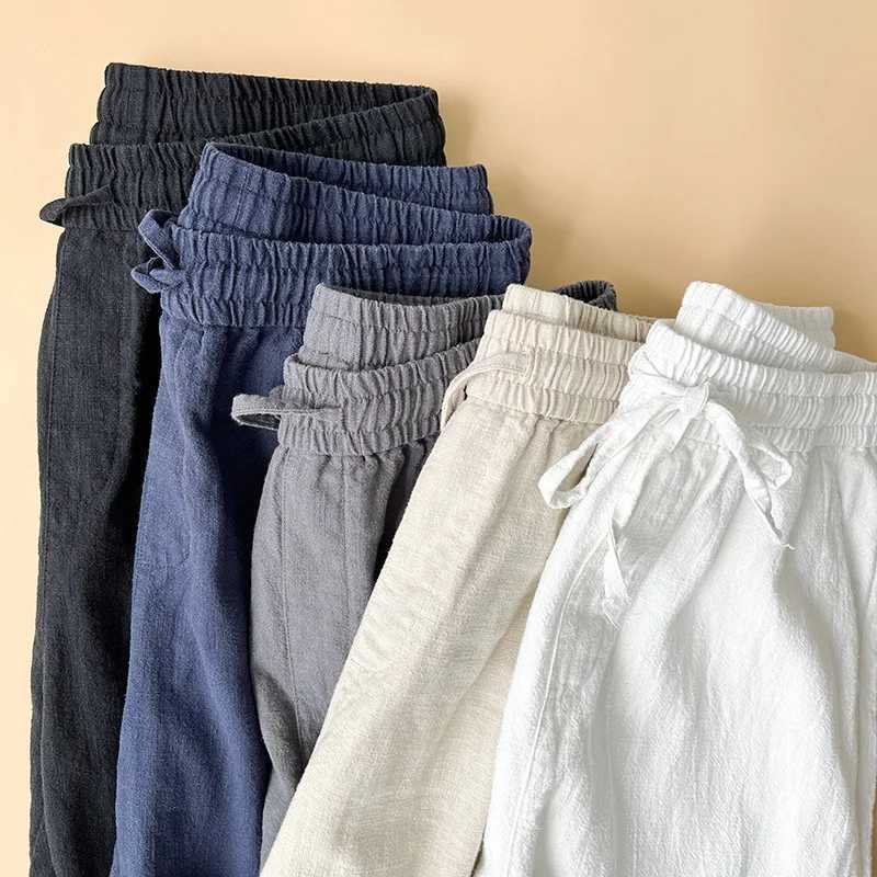 Mens Trousers Cotton Linen Fashion Casual Pants Solid Color Breathable Loose Shorts Straight Drawstring Pants Streetwear Men a05 M260328