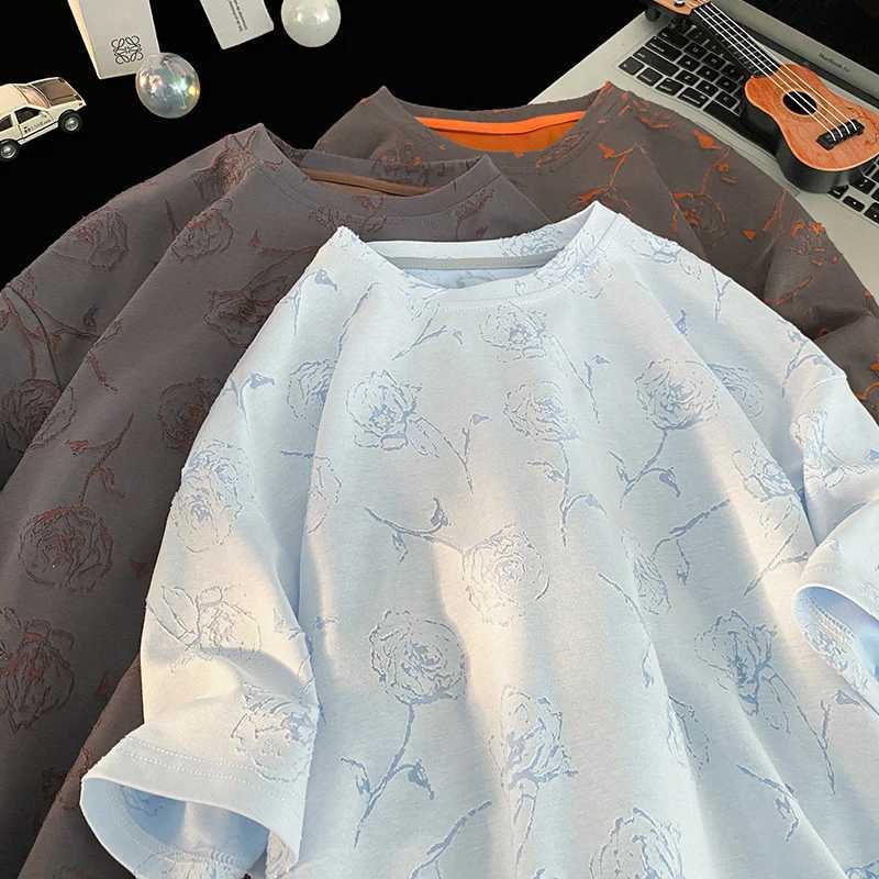Men Loose Fit Cotton T Shirt Round Neck Breathable Rose Flower Print Tee Summer Casual Streetwear Soft Comfortable Trendy 2024 C260326