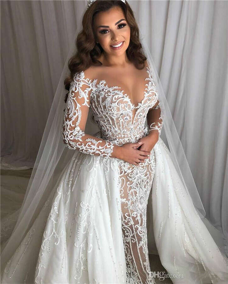 sexy mermaid dresses crystal beaded lace illusion long sleeve detachable train bride gowns custom made wedding gown ZD19