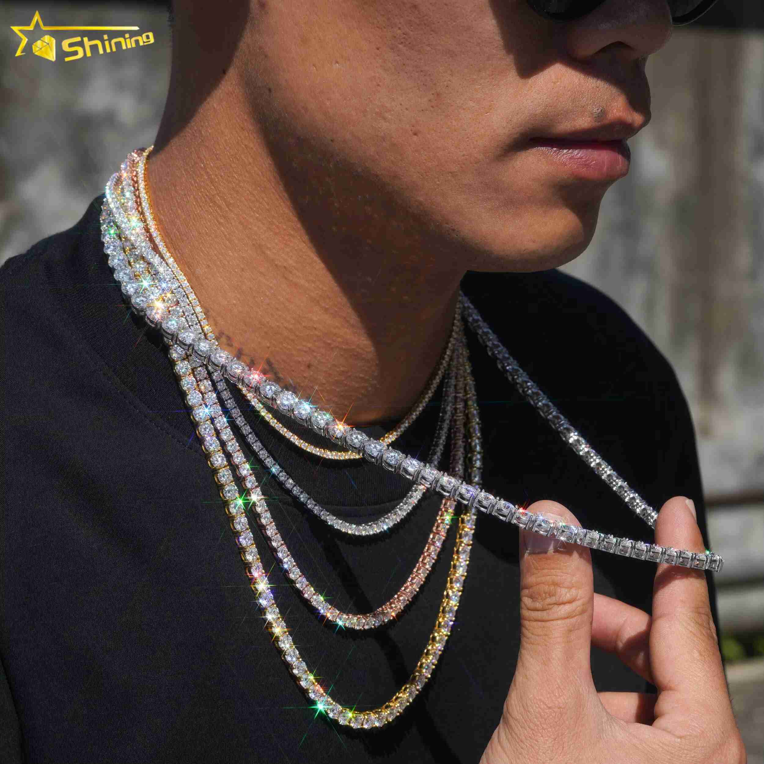 Custom 3mm 4mm 5mm 6mm 26 Inch 28 Inch Large Size Tennis Necklace Hip Hop Moissanite Necklace S925 Silver Tennis Chain VVS MoissTennis Chain Fashion J