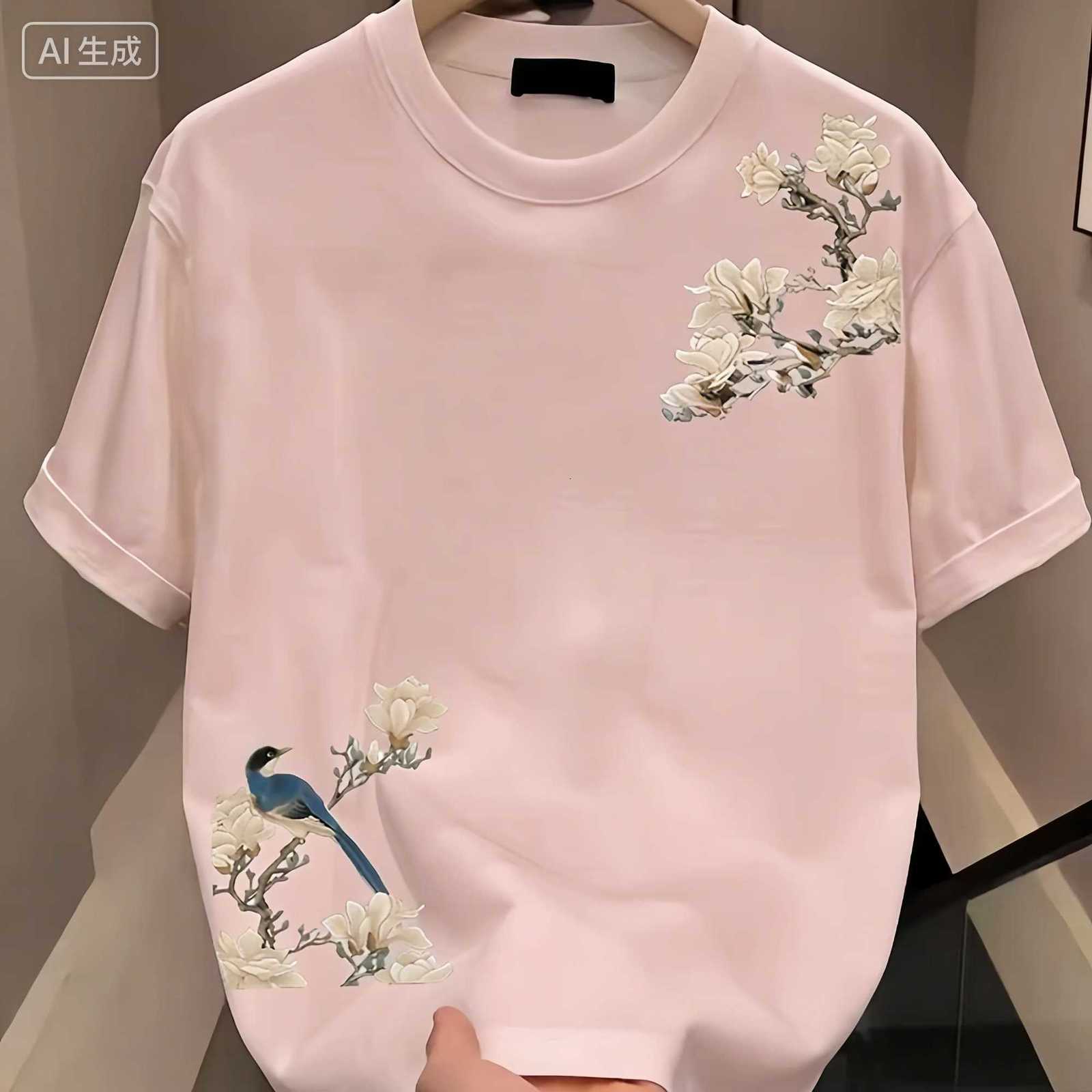 Summer Casual Mens 100 Cotton Versatile Round-neck Short-sleeved T-shirt with Floral Pattern Print Outdoor Soft and Breathable C260326