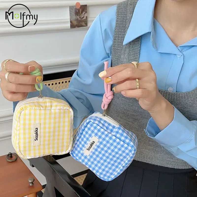 Plaid Mini Cosmetic Bag for Makeup Candy Color Make Up Sanitary Napkin Storage Bags Cotton Cloth Wallet Purse Pouch 2025 New D260328