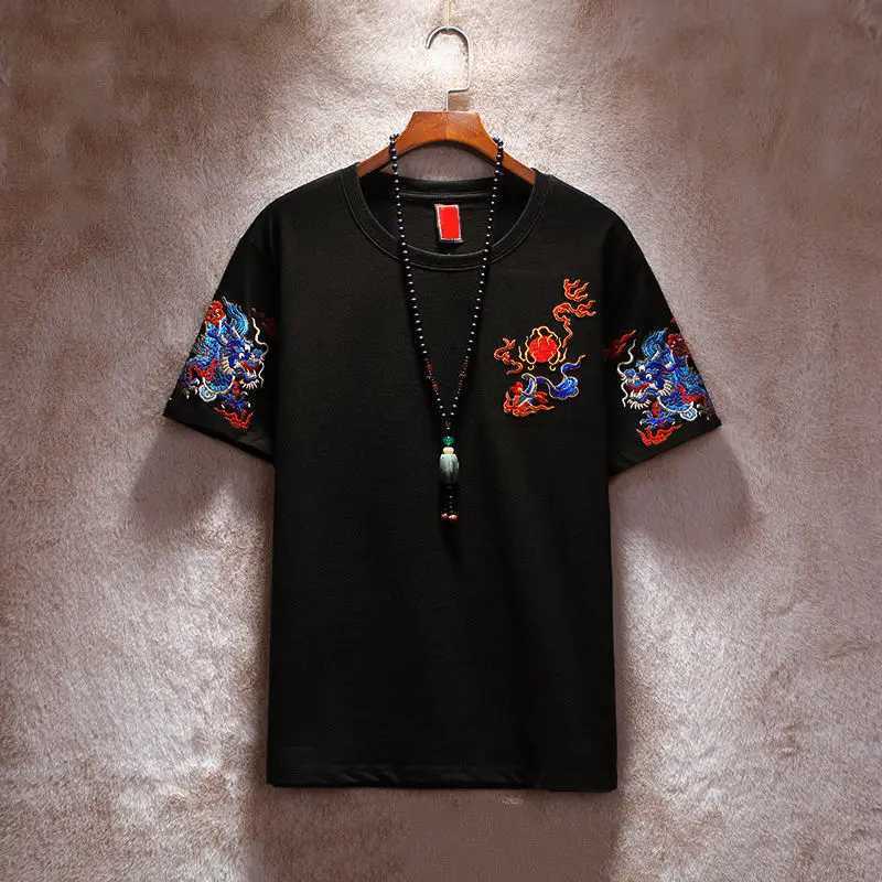 Short-sleeved T-shirt Men Summer Ethnic Style Dragon Pattern Embroidered Casual Trend Top C260326