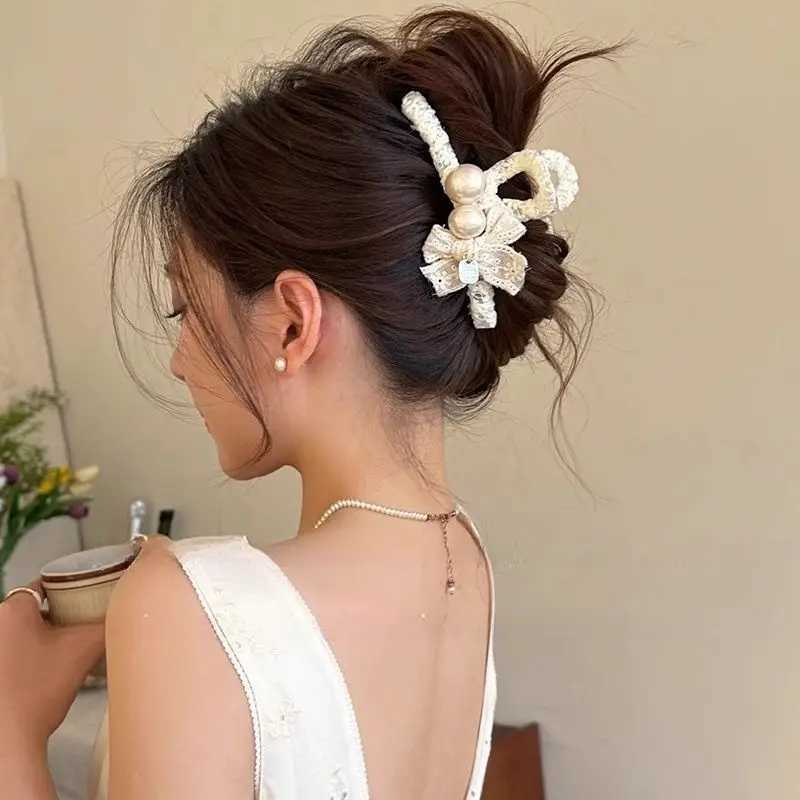 1pc Elegant temperament lace pearl large grab clip new style hair clip high-end shark clip at the back of the head H260328