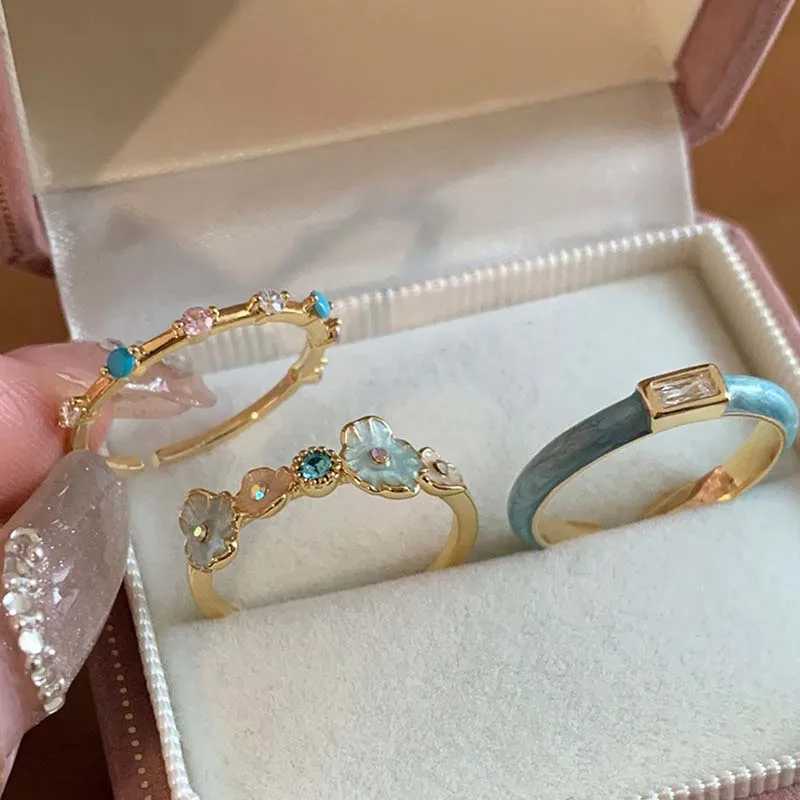 Sweet Enamel Flower Open Rings for Women Exquisite Elegant Blue Zircon Irregular Adjustable Finger Rings Wedding Jewelry Gifts H260328