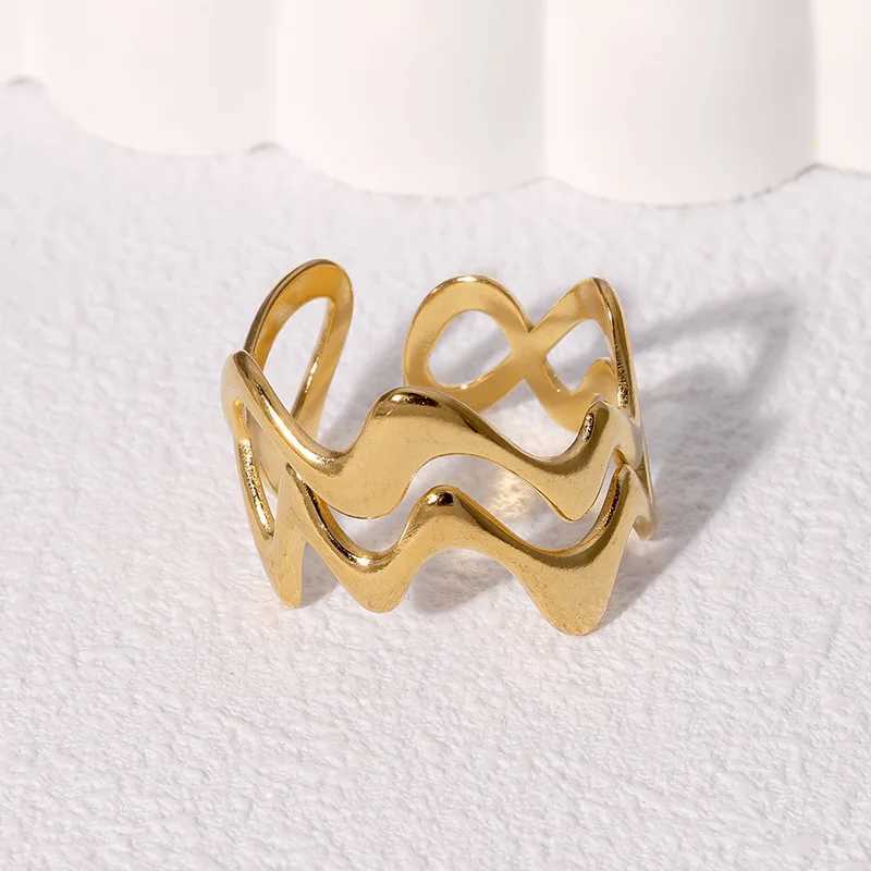 Stainless Steel Irregular Wave Rings for Women Men Creative Gold Color Adjustable Opening Rings Female Statement Jewelry Gifts H260328