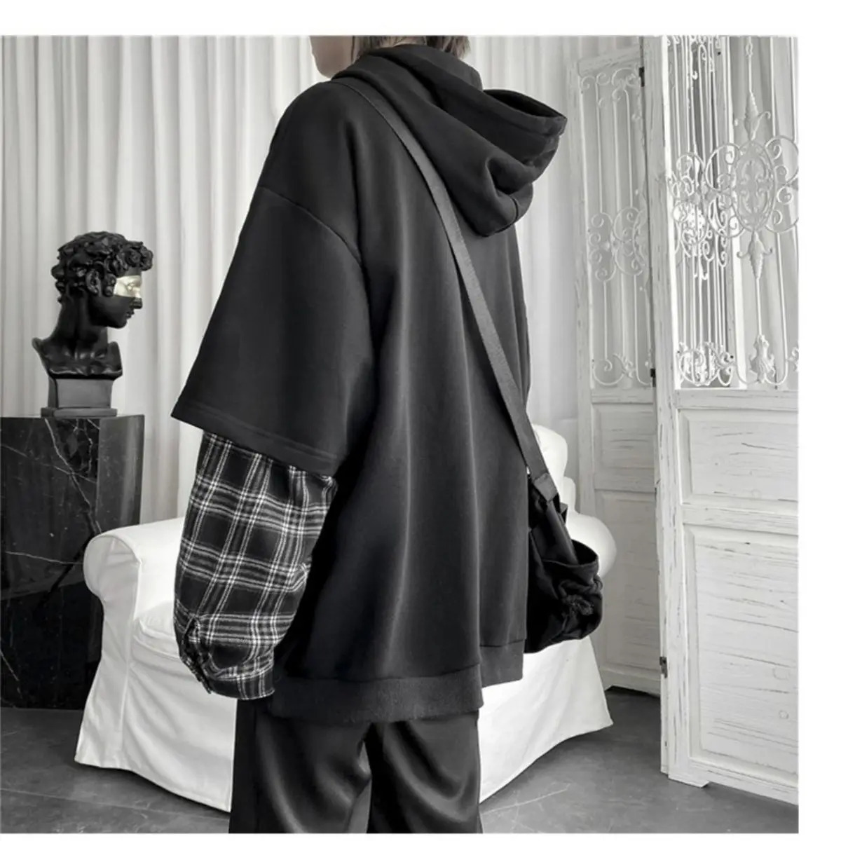 Womens Clothing Two Hoodies Patchwork Plaid Hooded Oversized Tops Korean Y2K Clothes for Teens Harajuku Casual Sweatshirt 260327