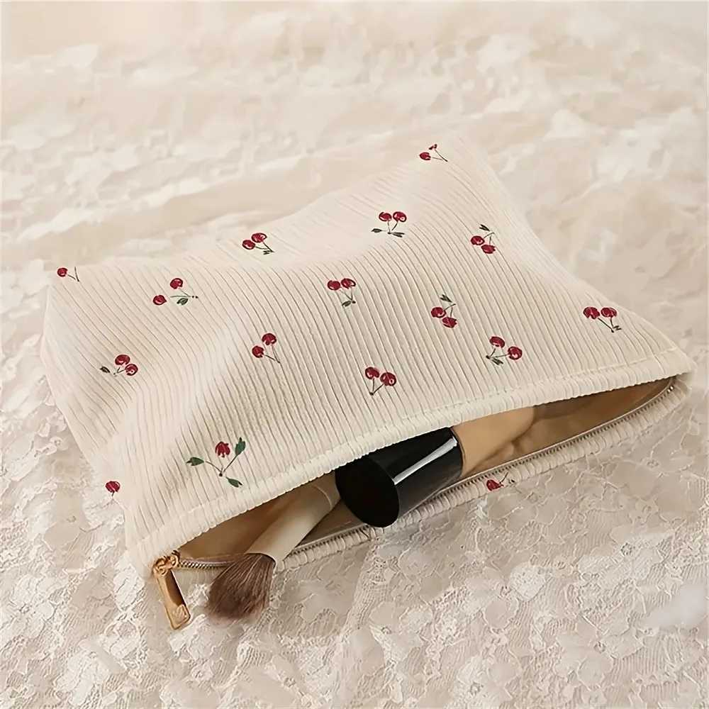 Casual Cherry Print Corduroy Zipper Pouch Makeup Bag Handbag Multifunctional Toiletry Organizer Cosmetic Storage Box with Lining D260328