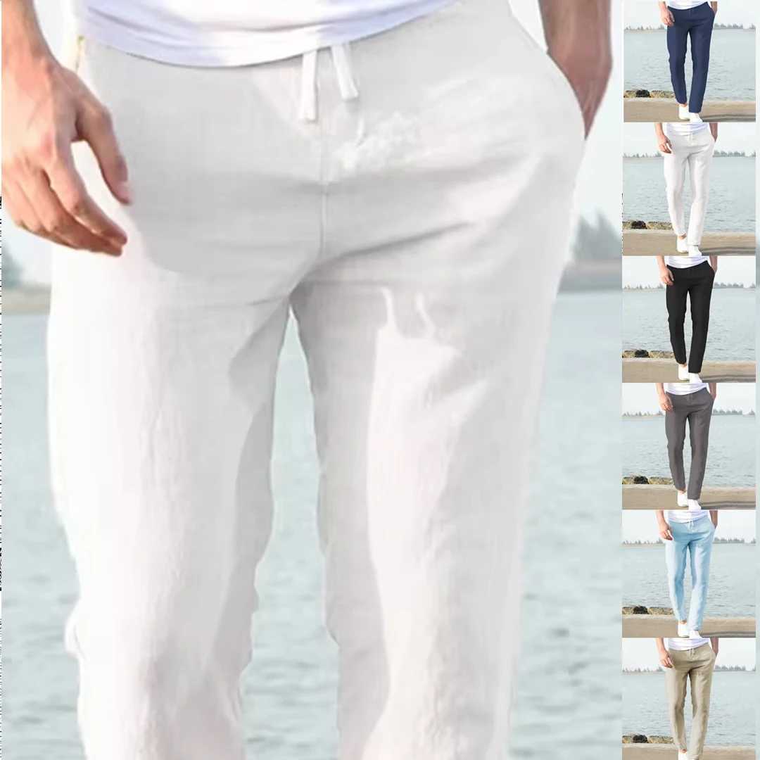Mens Trousers Cotton Linen Fashion Casual Pants Solid Color Breathable Loose Shorts Straight Drawstring Pants Streetwear Men a05 M260328