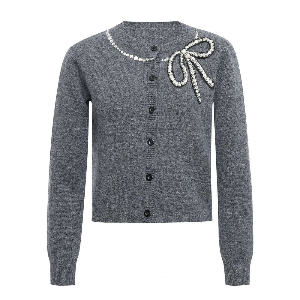 2026 autumn new designer k30 slim fit elegant gray heavy rhinestone bow long sleeved CC fashionable knitted cardigan top