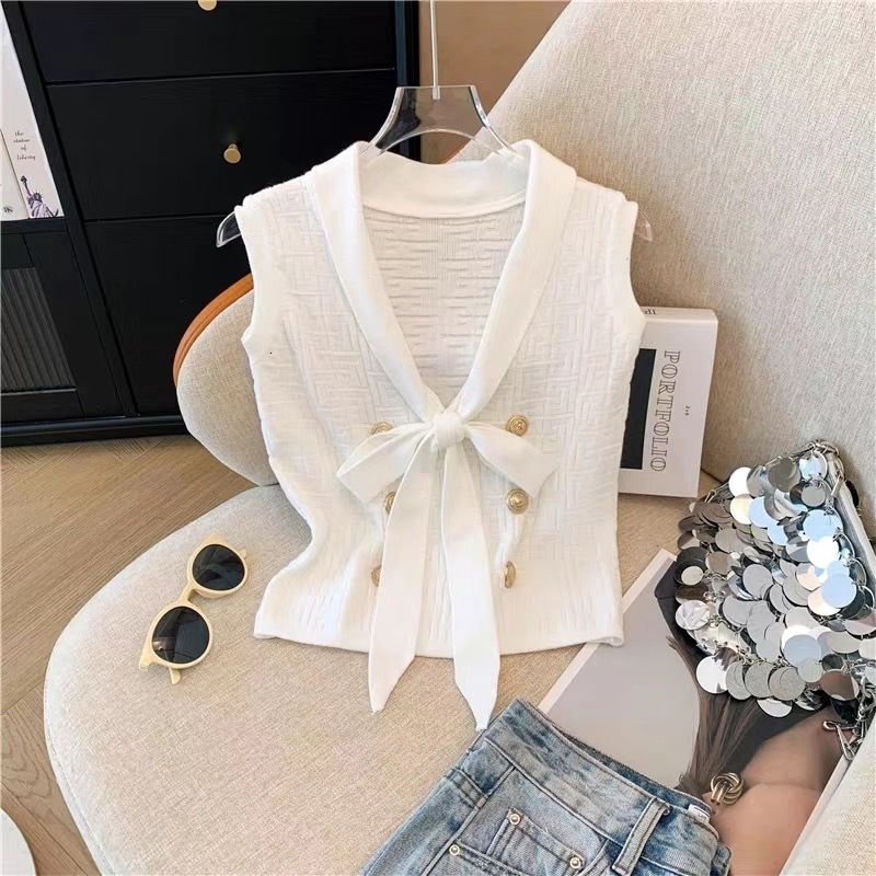Luxury Brand Designer Clothes White V-Neck Halter Neck Sleeveless T-Shirt For Women, 2026 New Summer Korean Style, Unique And Beautiful Top
