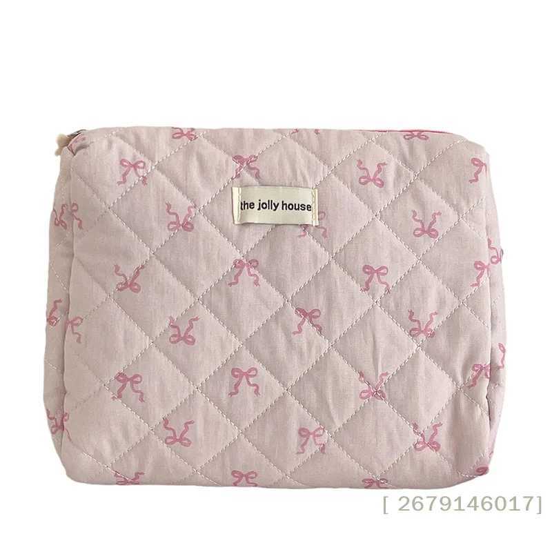 YY26 Pink Bowknot Quilting Cosmetic Bag Women Portable Zipper Makeup Organizer Female Handbag Toiletry Pouch For GirlsYY26 D260328